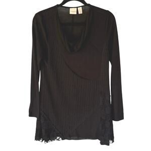 Chico’s Black Patchwork Boho Cowl Neck Shabby Chic Sharkbite Blouse Gypsy Witch